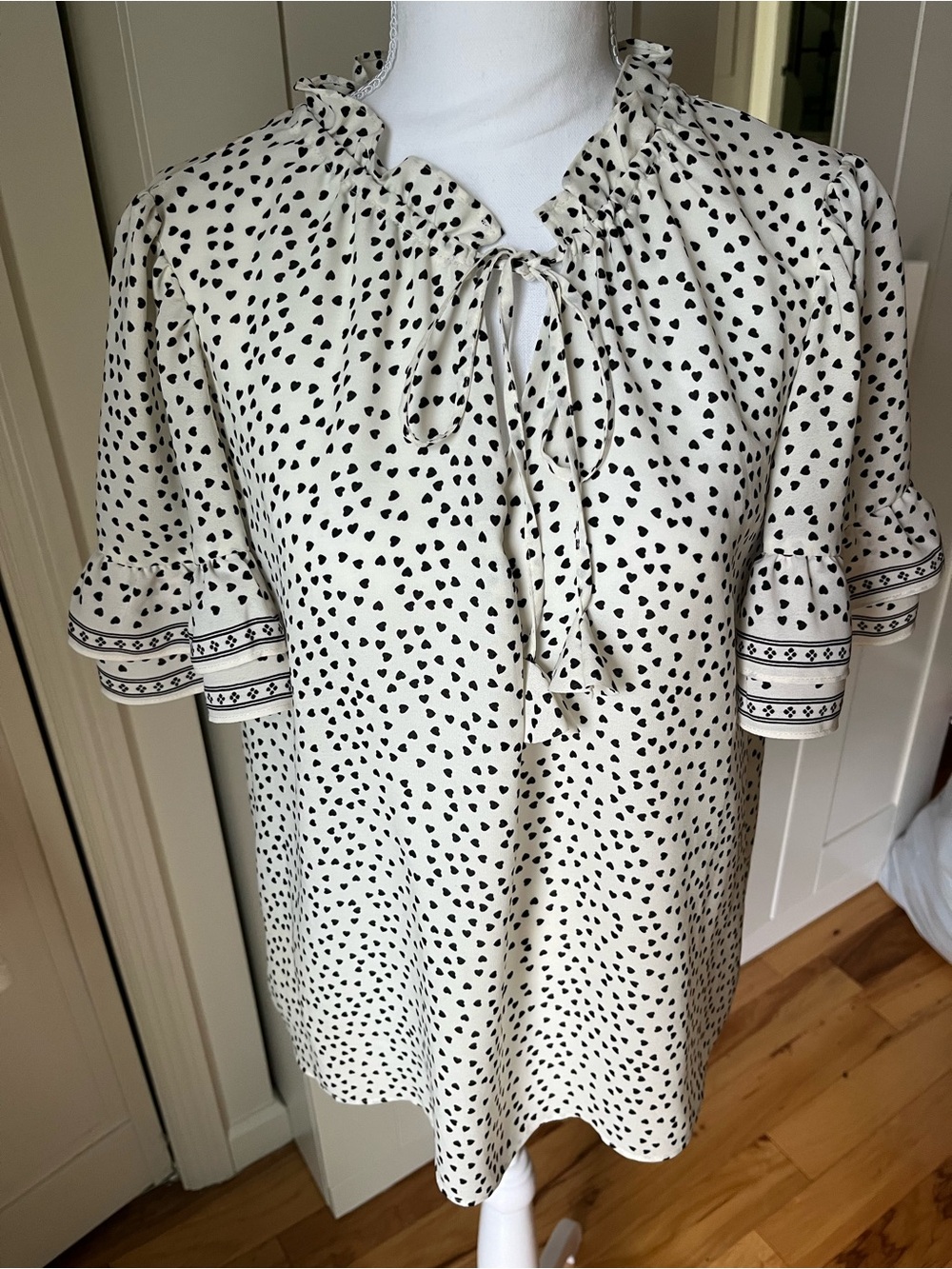 Max Studio Cream Blouse with Black Heart Print and Tie Neck